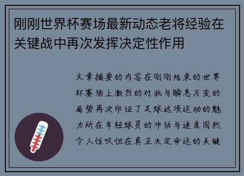 刚刚世界杯赛场最新动态老将经验在关键战中再次发挥决定性作用